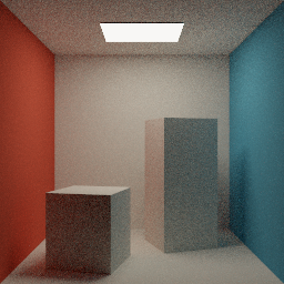 Rendered room with two blocks, showing how a moving ceiling light changes shadows and reflected color